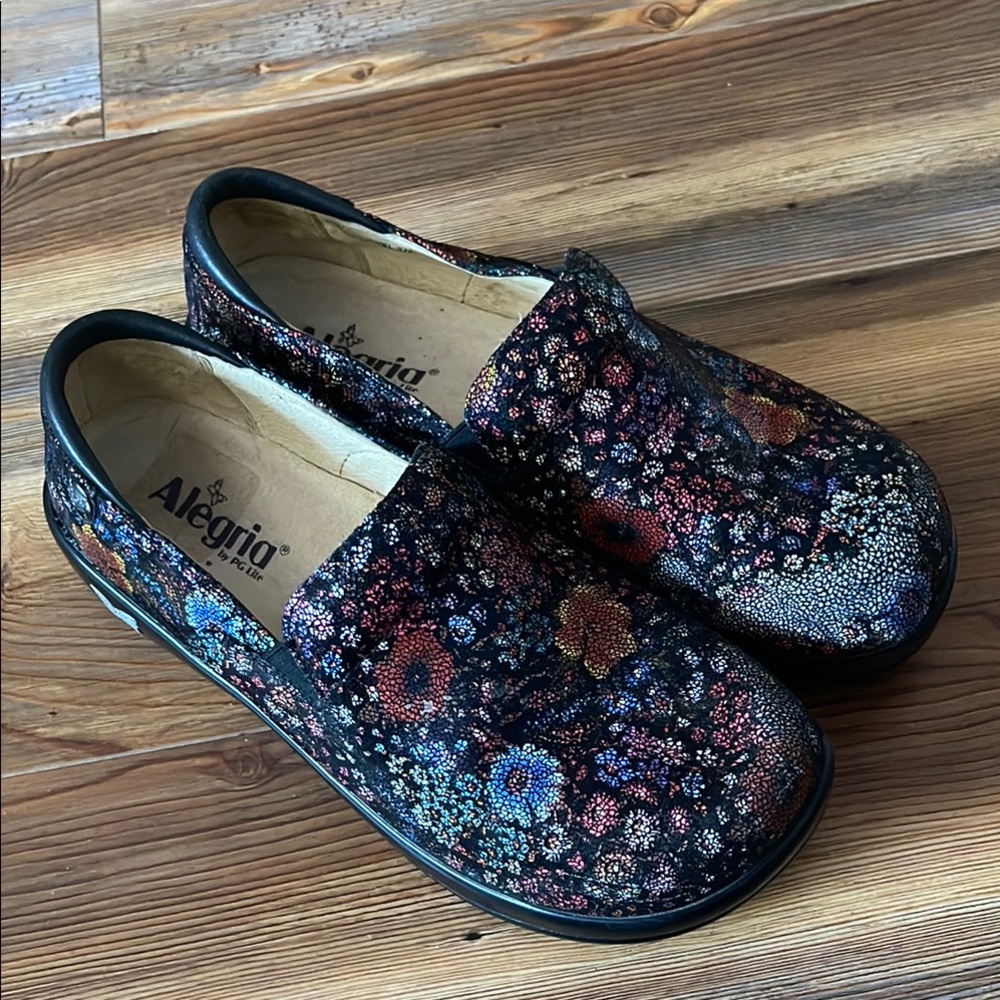 Alegria 41 Kel Black Blue Floral Mules Comfortable Slip On Clogs Shoes Ladies